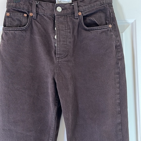 Zara Straight Leg Jeans Womens 4 Brown High Rise Button Fly Pockets Classic Fit - Picture 7 of 9